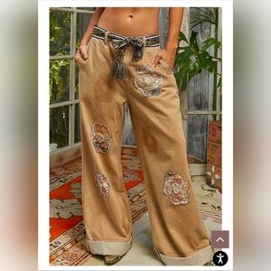 NEW!!! POL Flower Patched Wide Leg Denim Pants in Sand, NWT